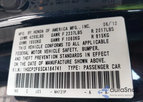 2012 Honda Accord 2.4 Se z USA, uszkodzony, nr VIN 1HGCP2F65CA184741